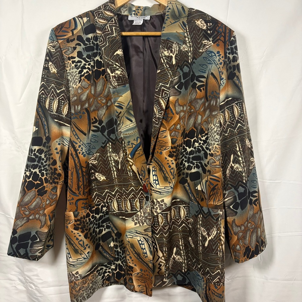 Kensington Square Vintage Animal Tribal Print Blazer Jacket Brown Blue XL USA